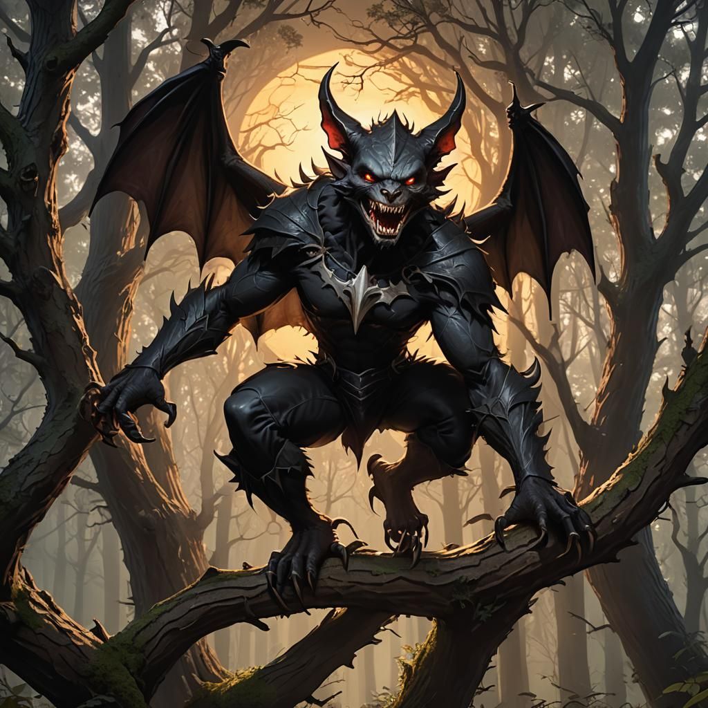 Fearsome Bat-Winged Cryptid Perched in Spooky Forest