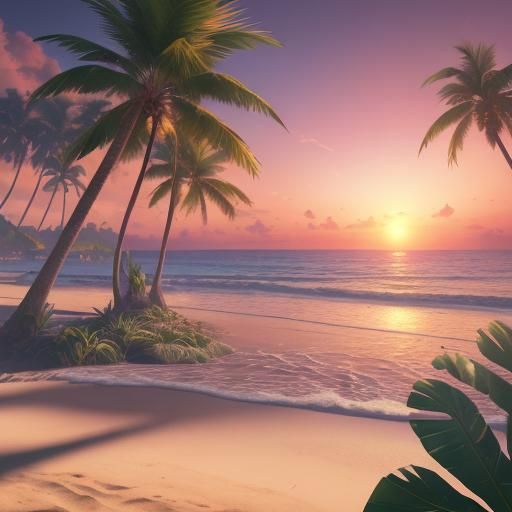 Retro Beach Sunset with Palm Trees, Matte Painting