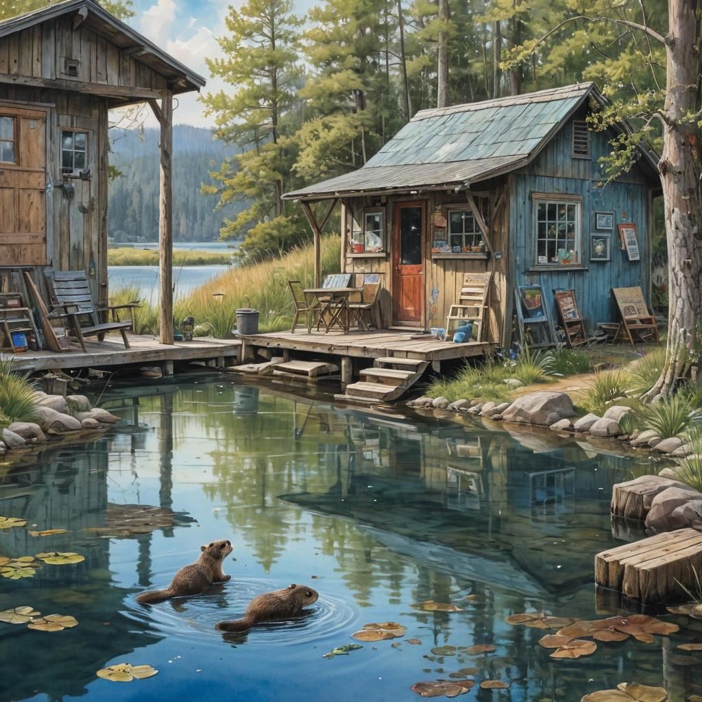 Lakeside Cabin Scene with Beaver and Otter in Alcohol Ink