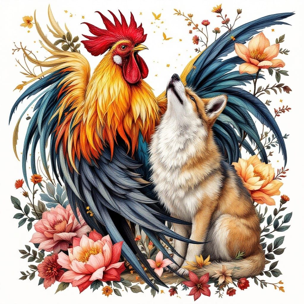 Vibrant Rooster and Coyote in Art Nouveau Style