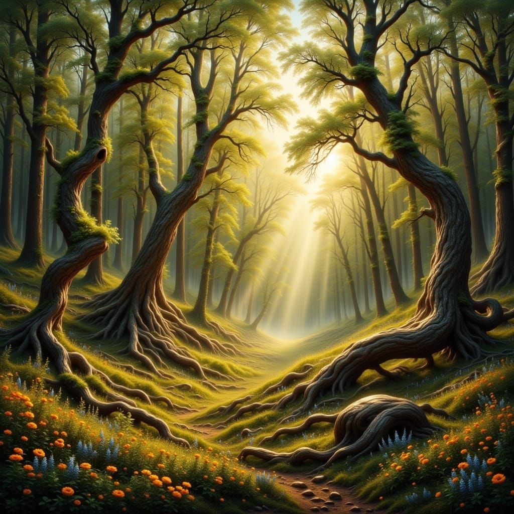 Golden Light Illuminates Forest Clearing After Storm