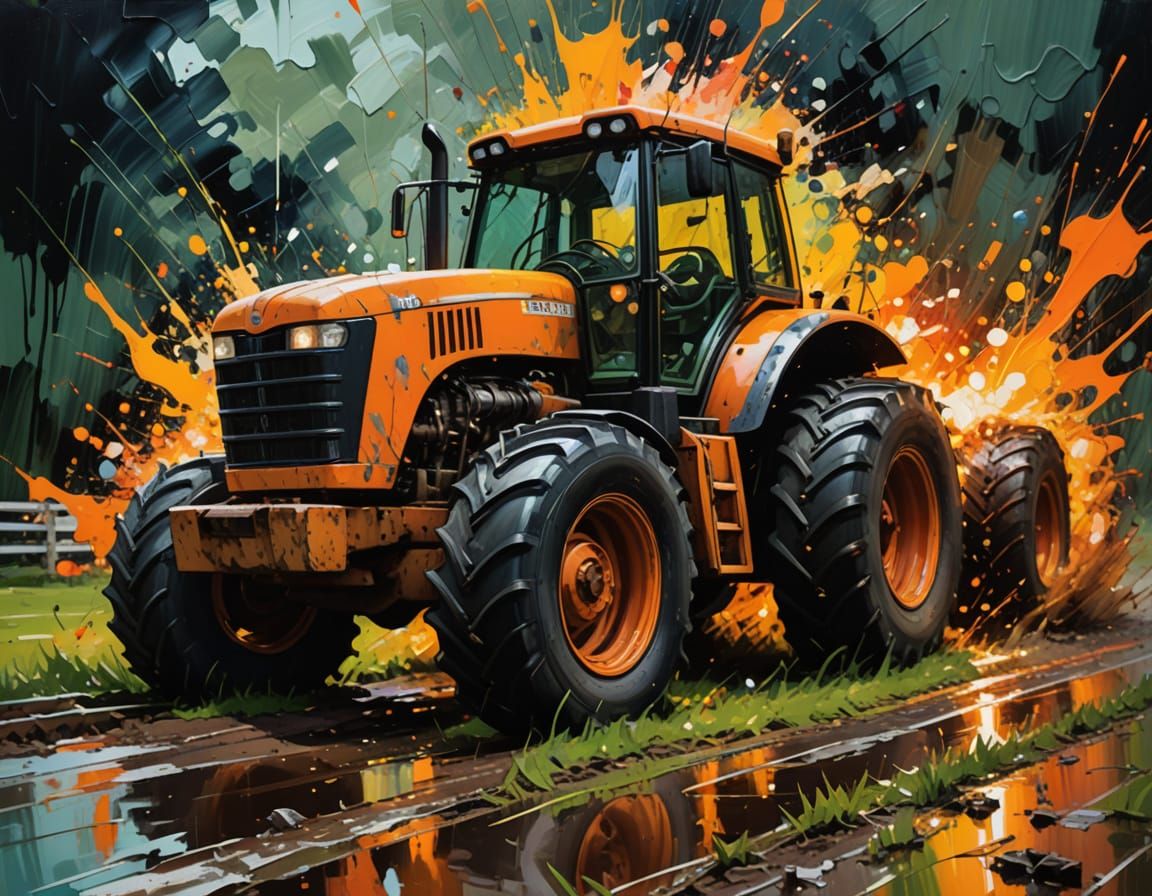Vibrant Tractor Pulling Scene with Bold Brushstrokes