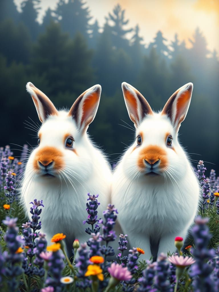 Shimmering Himalayan Rabbits in Lavender Field