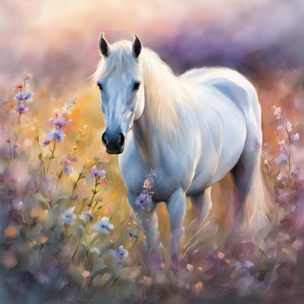 Regal White Horse in Golden Hour Glow