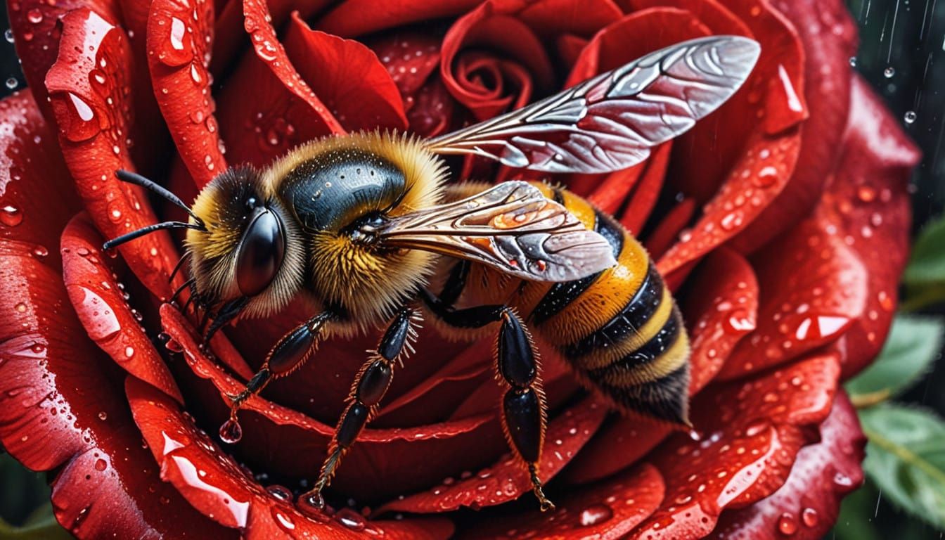 A Bee Amidst Raindrops on a Vibrant Rose
