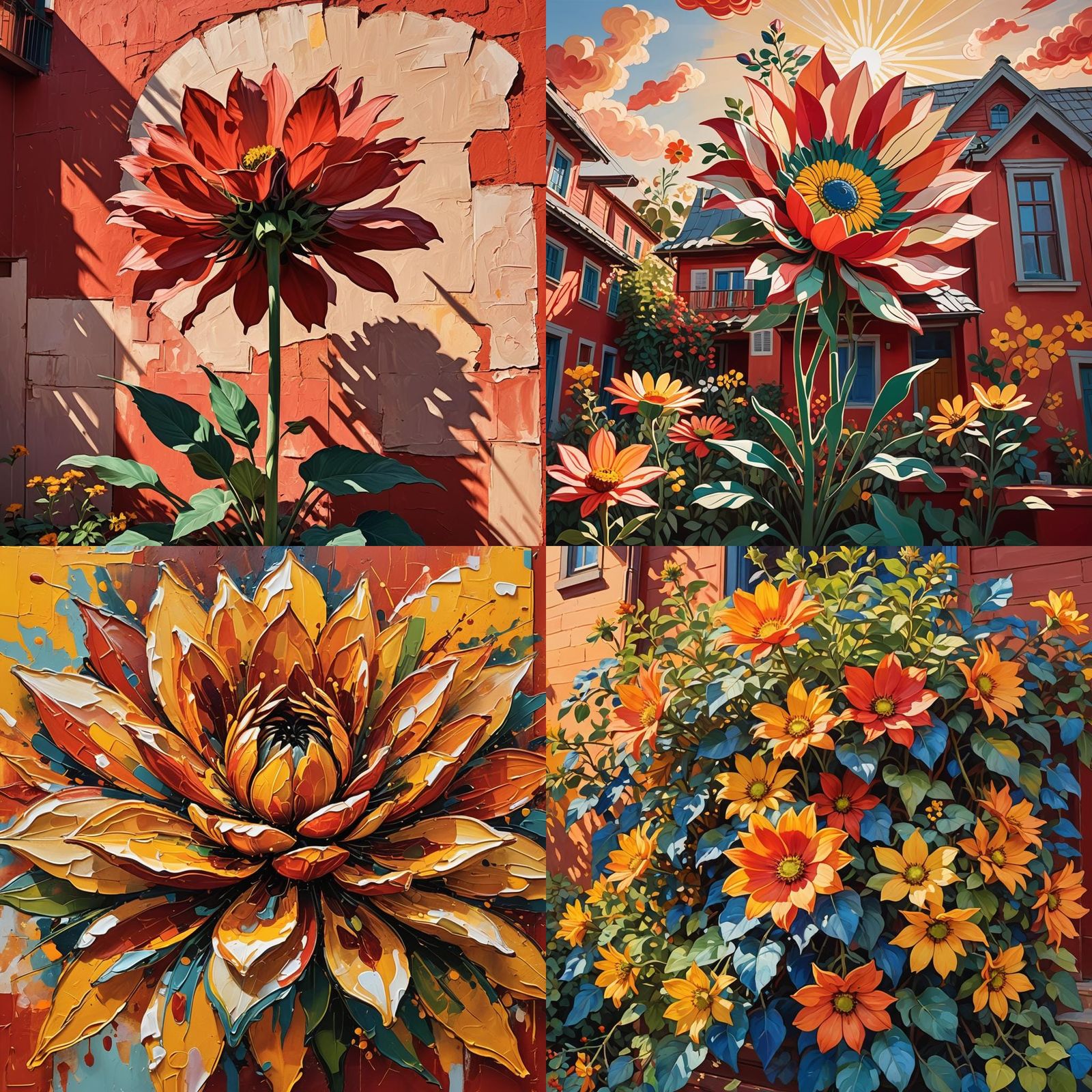 Giant Flower over Red House in Abstract Style