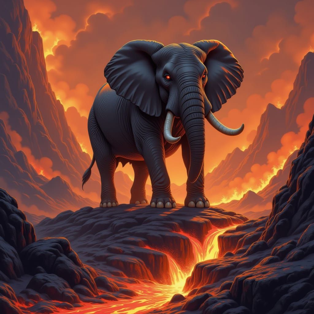 Epic Fantasy Elephant on Mount Doom with Lava