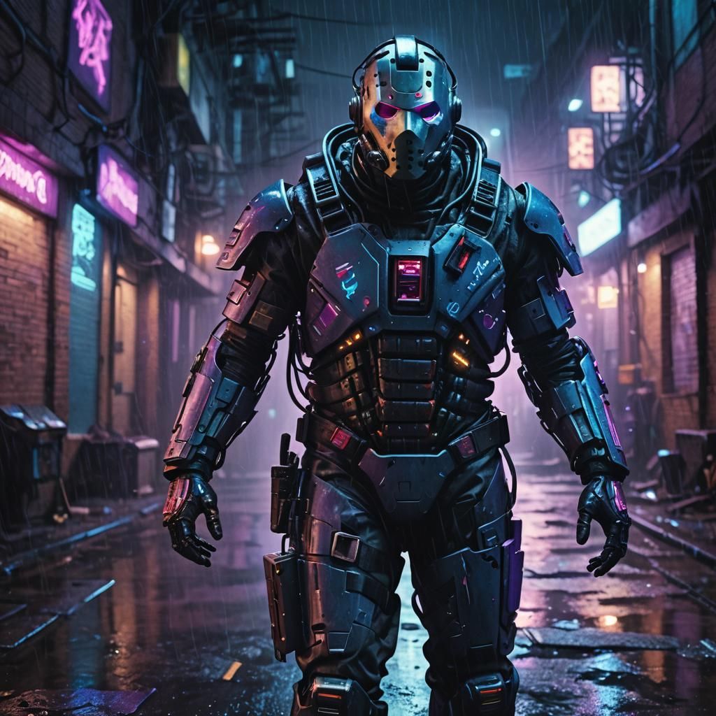 Cyberpunk Robotic Jason Voorhees in Neon Alley