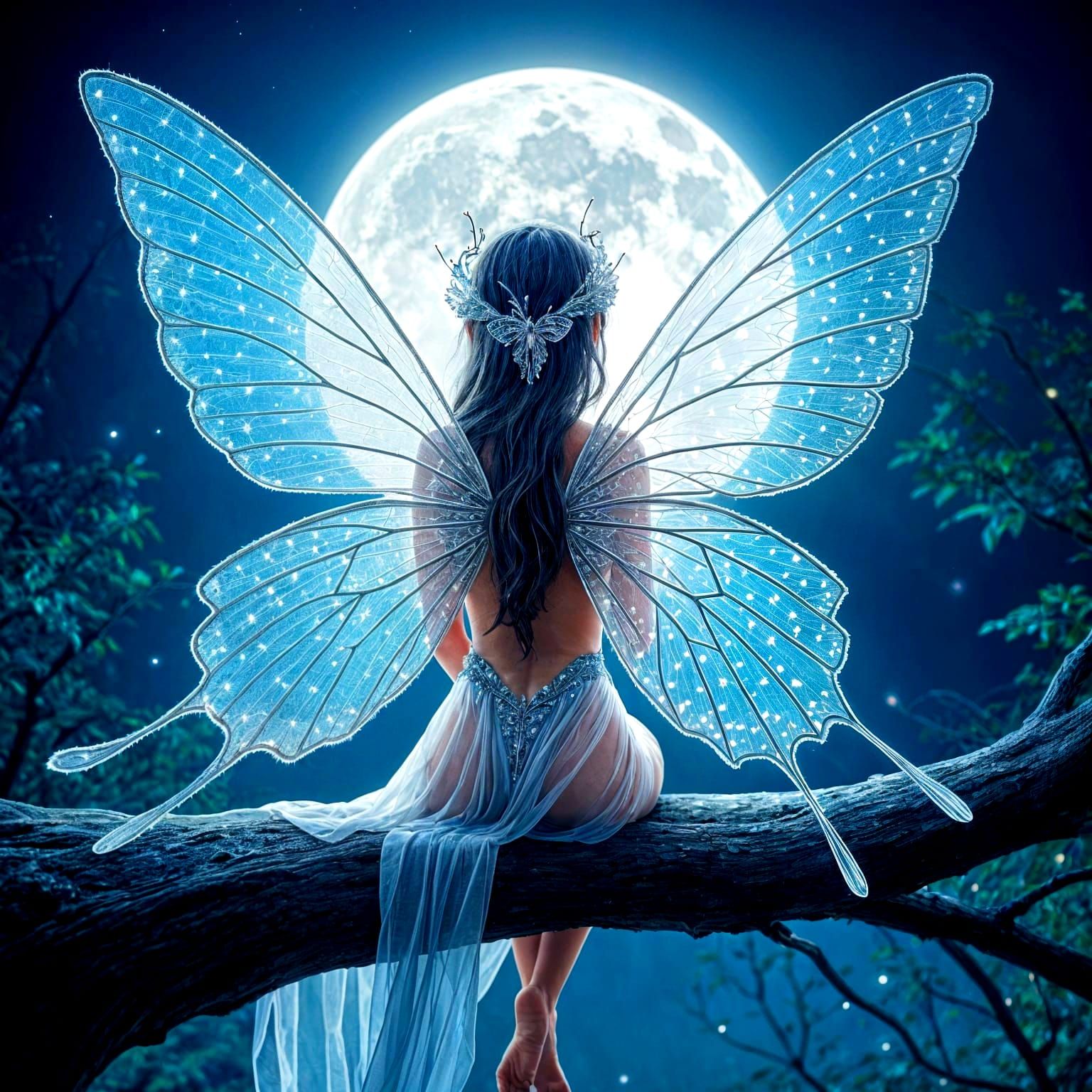 A beautiful figure with intricate detailed transparent glowing gossamer butterfly wings sits on a branch, gazing at a la...