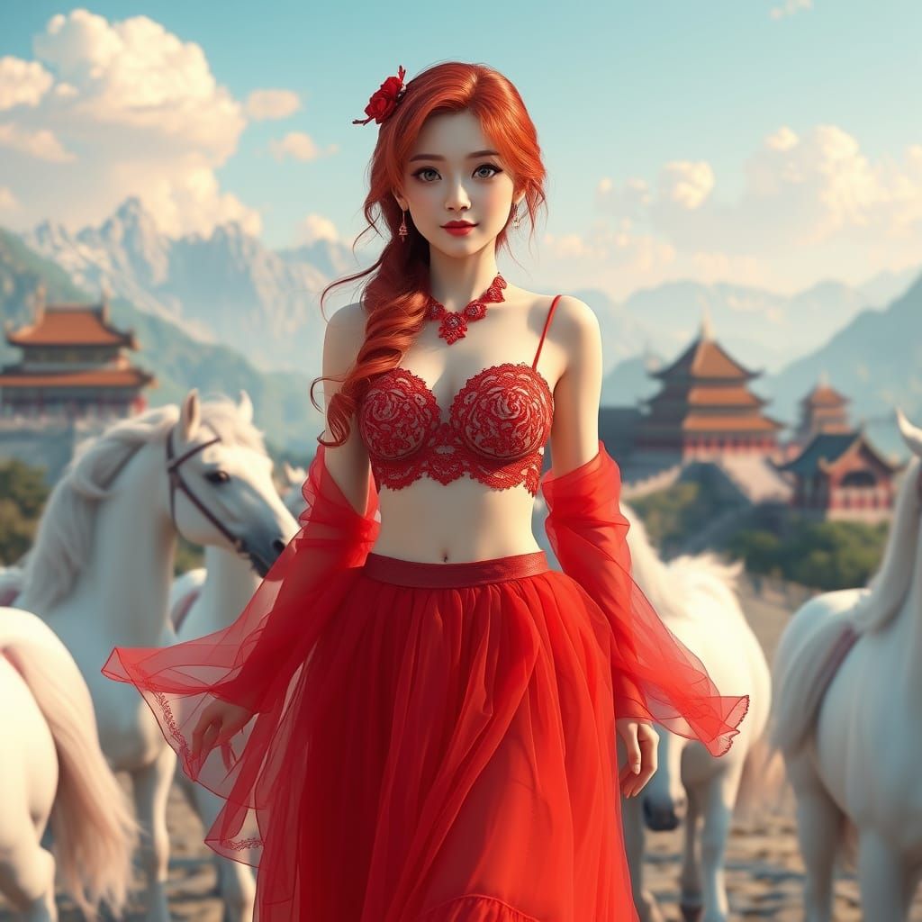 Anime Asian Woman with Red Hair and Pastel Horses