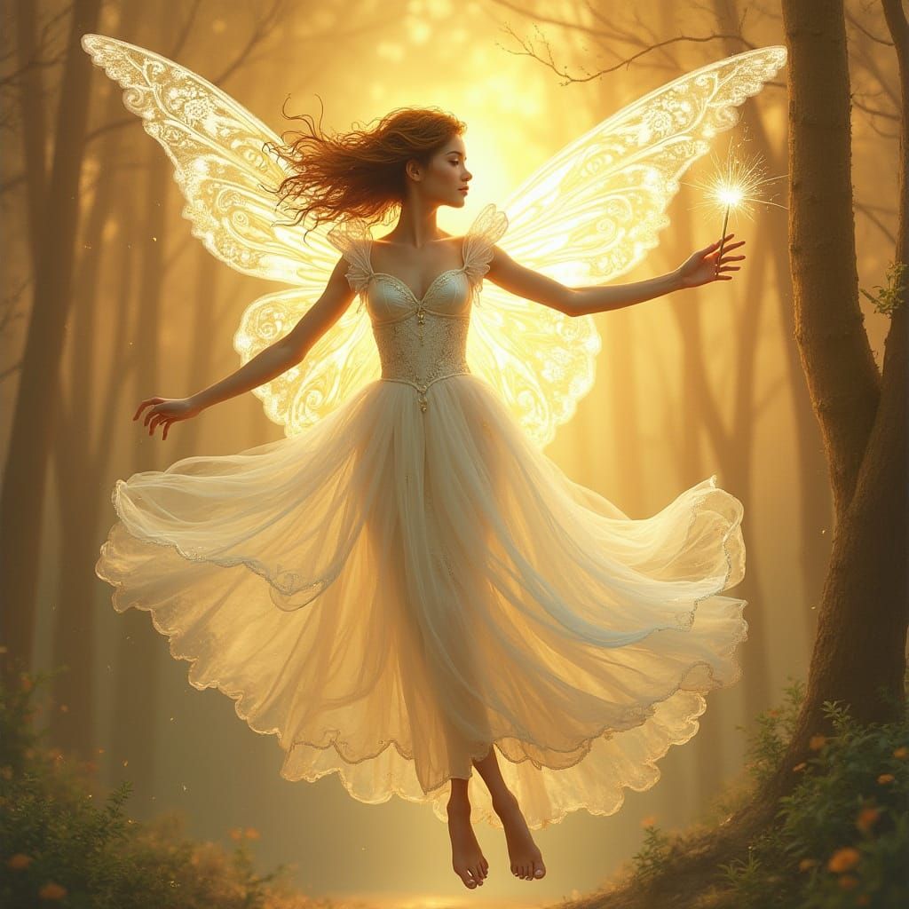 Mystical Fairy Zana Levitates in Golden Sunset