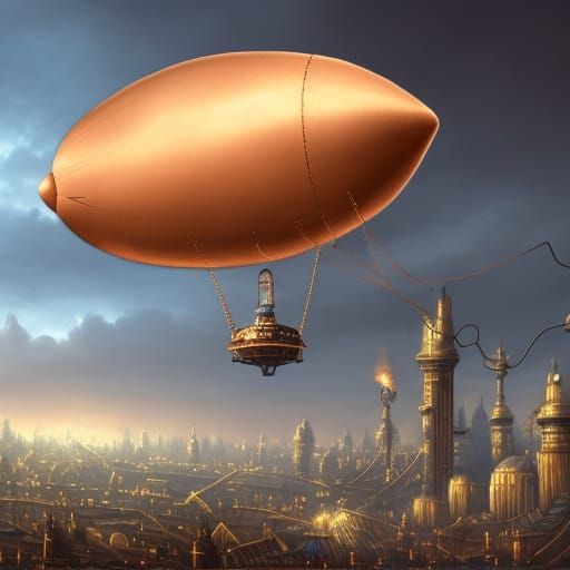 Copper Blimp Floating Over a City