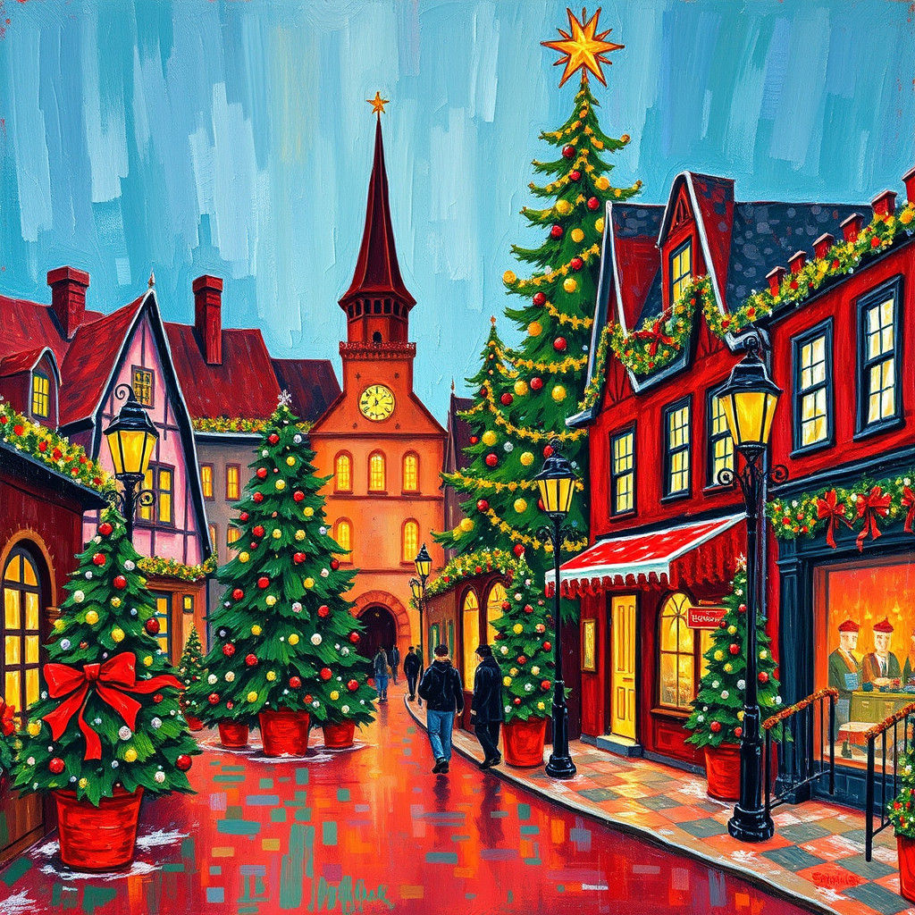 Christmas Street Scene in Impressionistic Impasto Style