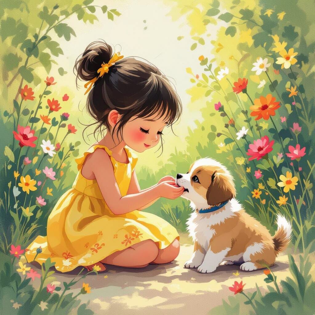 Girl Feeds Puppy in Whimsical Garden Illustration