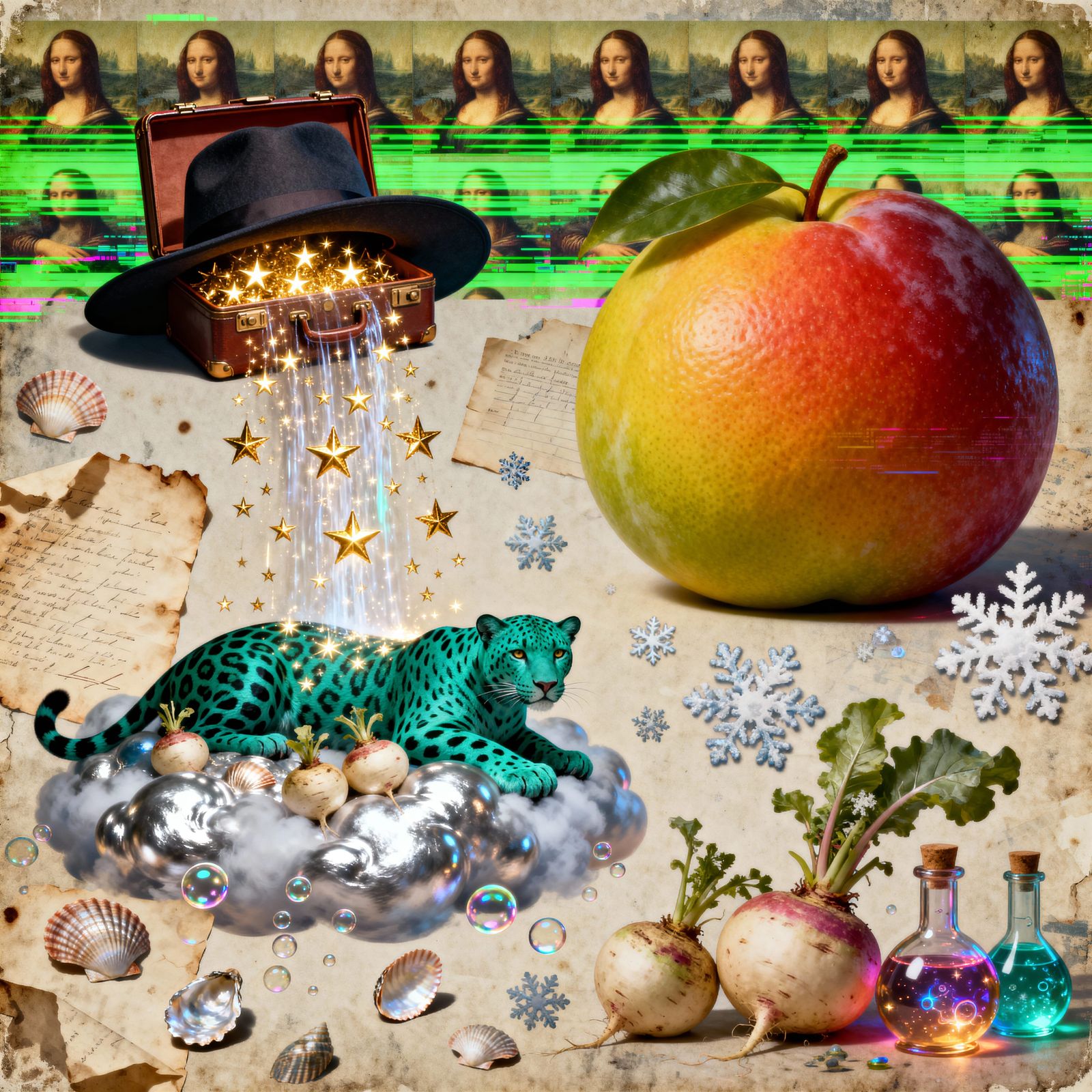 Surreal Landscape with Cosmic Fruits and Silver Clouds