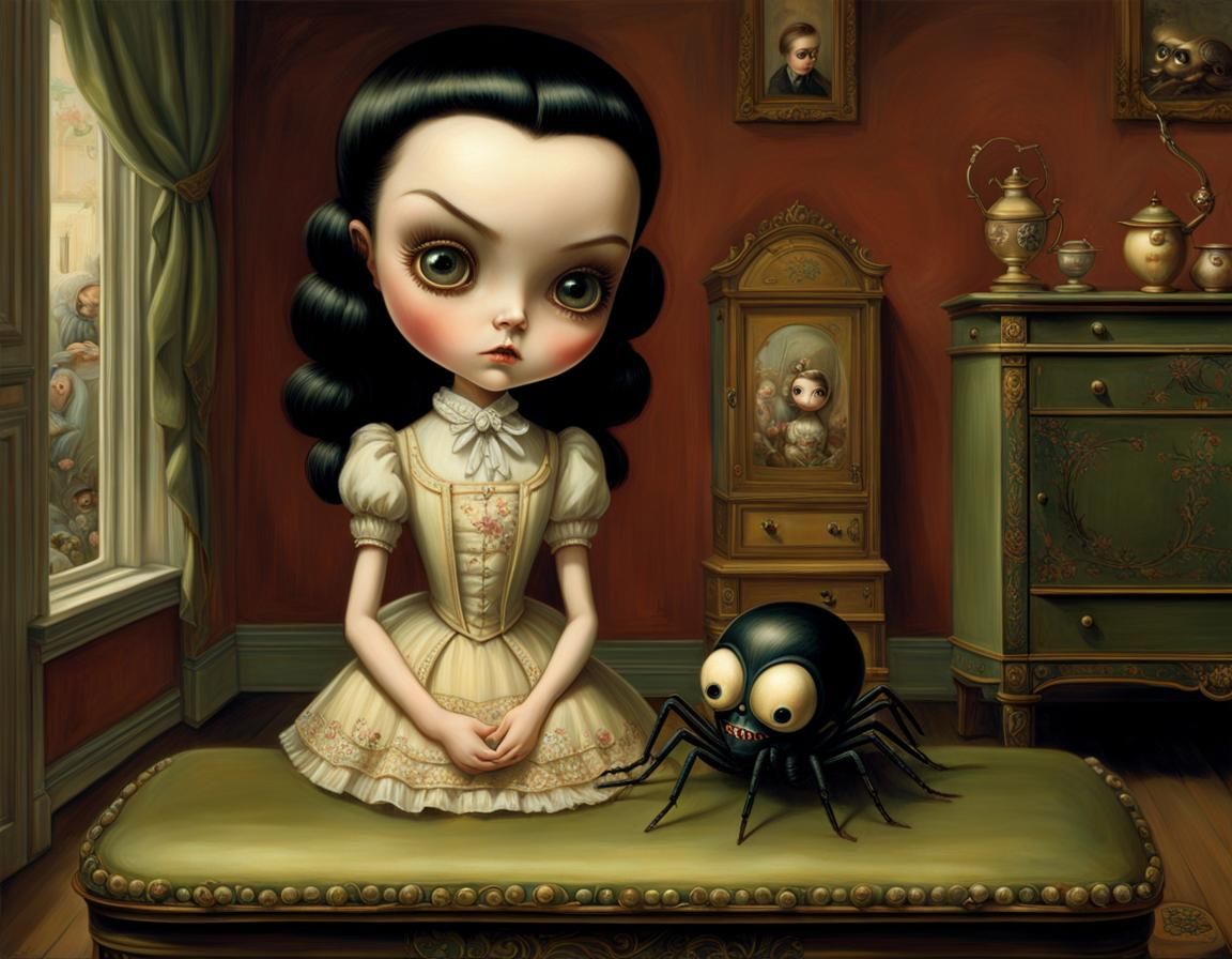 Araignee Scolds Her Spider: Mark Ryden Style