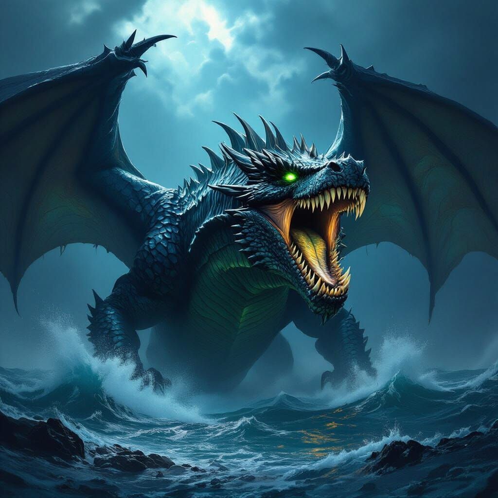 Megalodon Dragon in Stormy Ocean Dark Fantasy Art