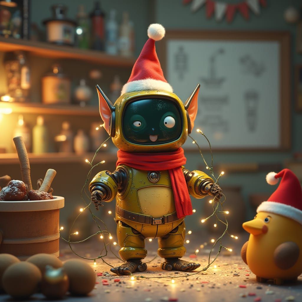 Robot Elf Tangled in Lights, Anime Concept Art