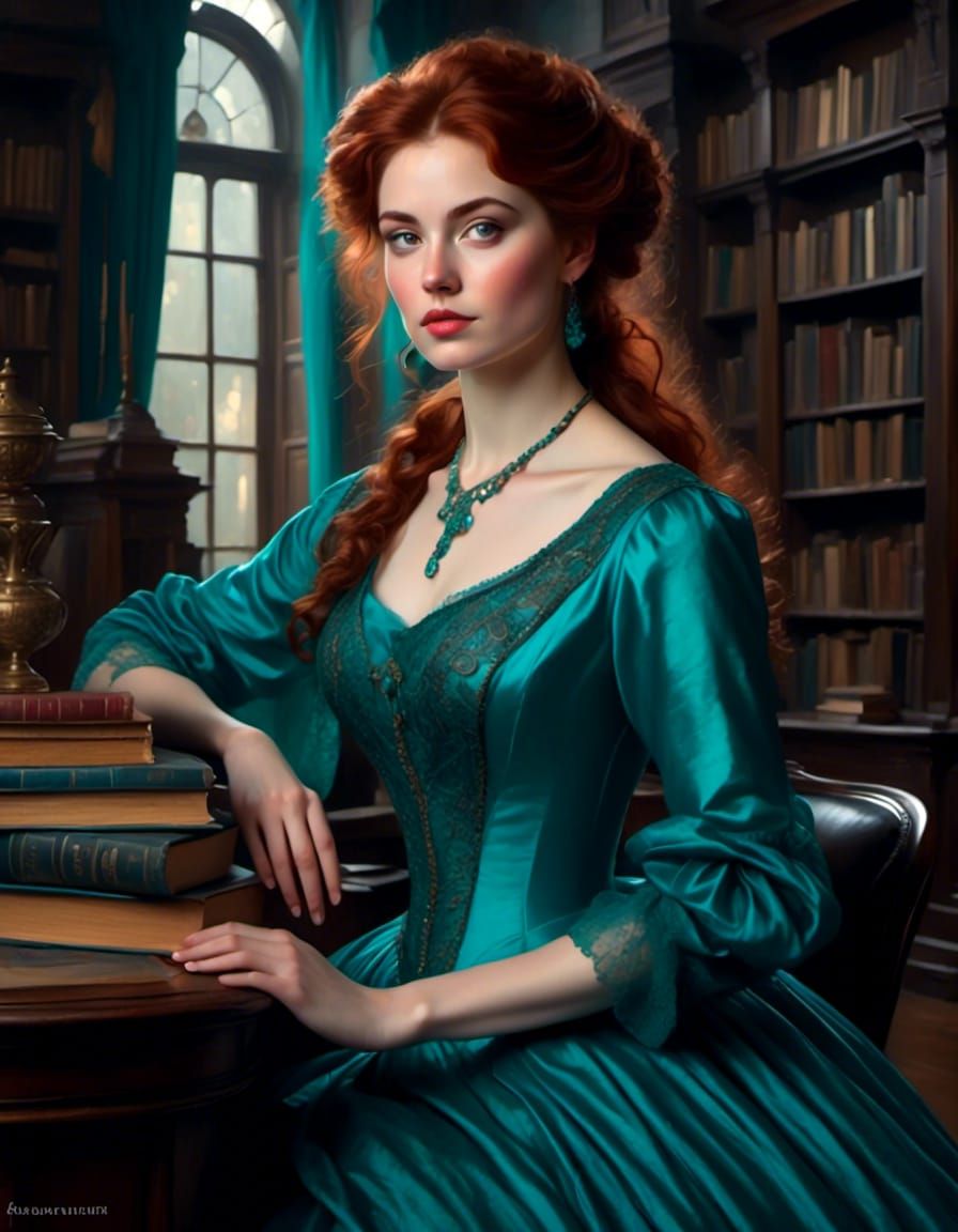 Victorian Woman in Library Portrait
