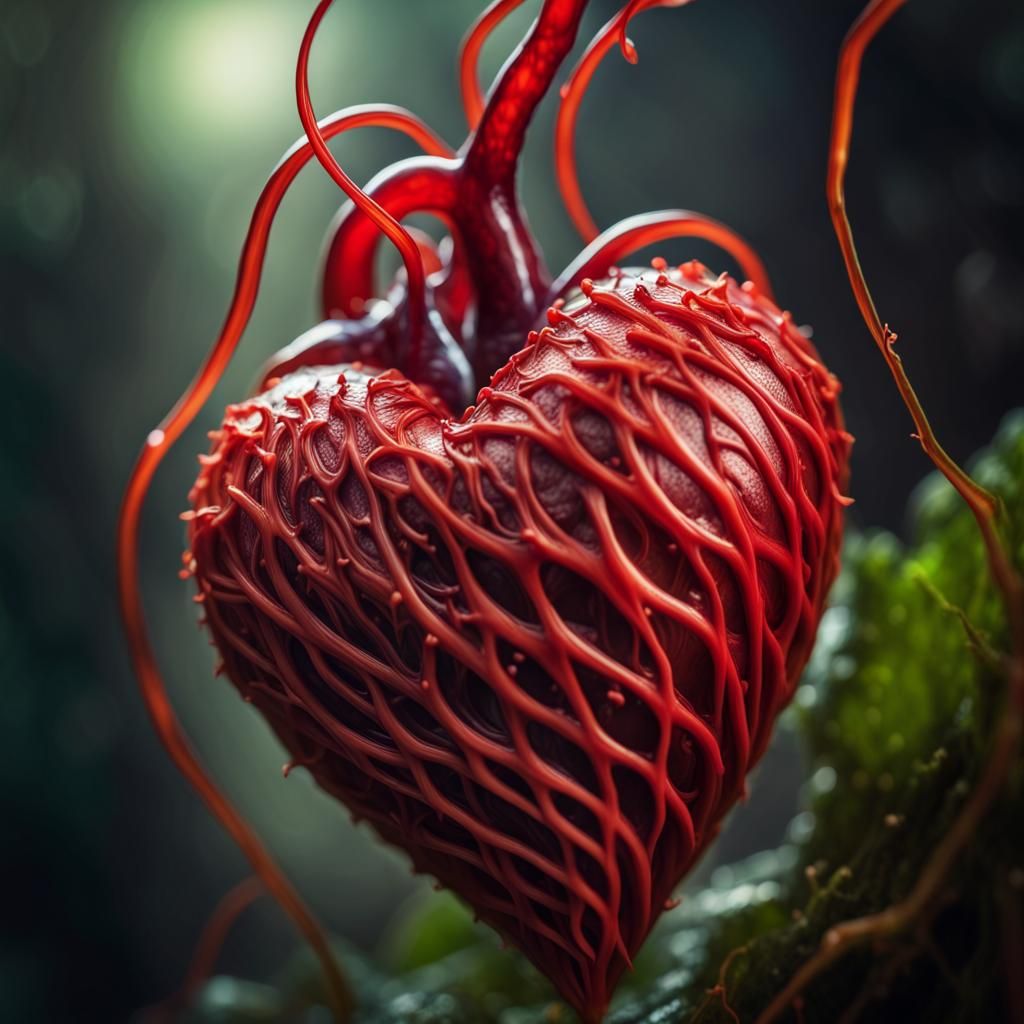 Red Heart Lifeform Emergence in Hyperrealistic Fantasy