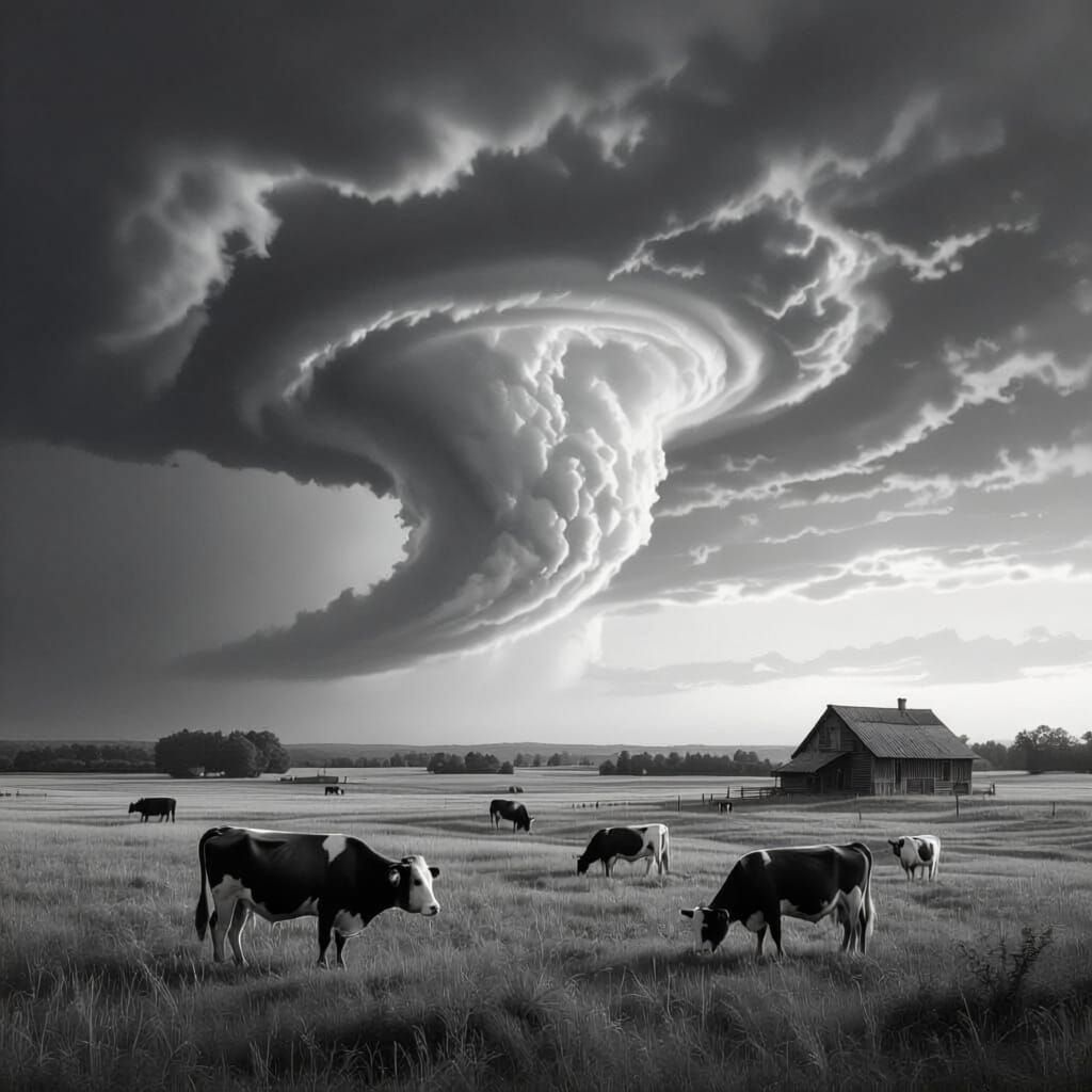 Farm with Cattle Approached by Cyclone