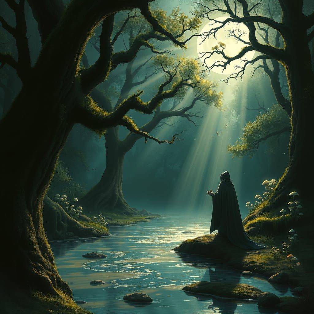 Ethereal Forest Glade with Moonlit Figure