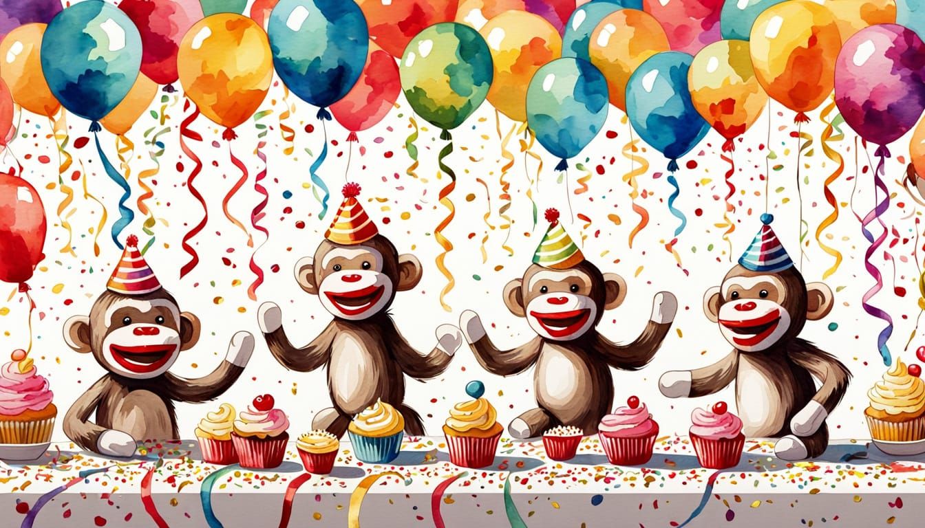 Sock Monkeys Celebrate Joyful Whimsy in Vibrant Watercolor S...