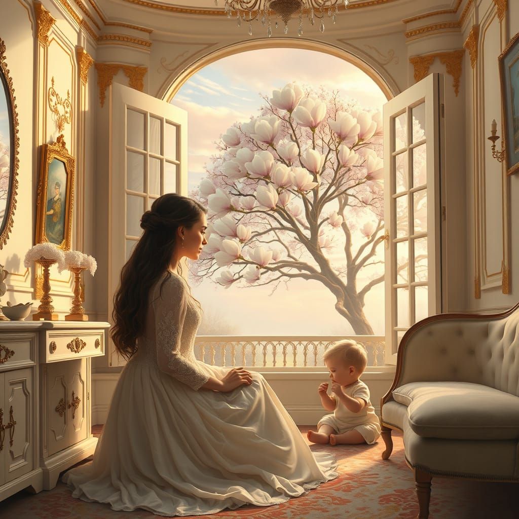 Young Mother in Serene Parlour with Magnolia Blooms