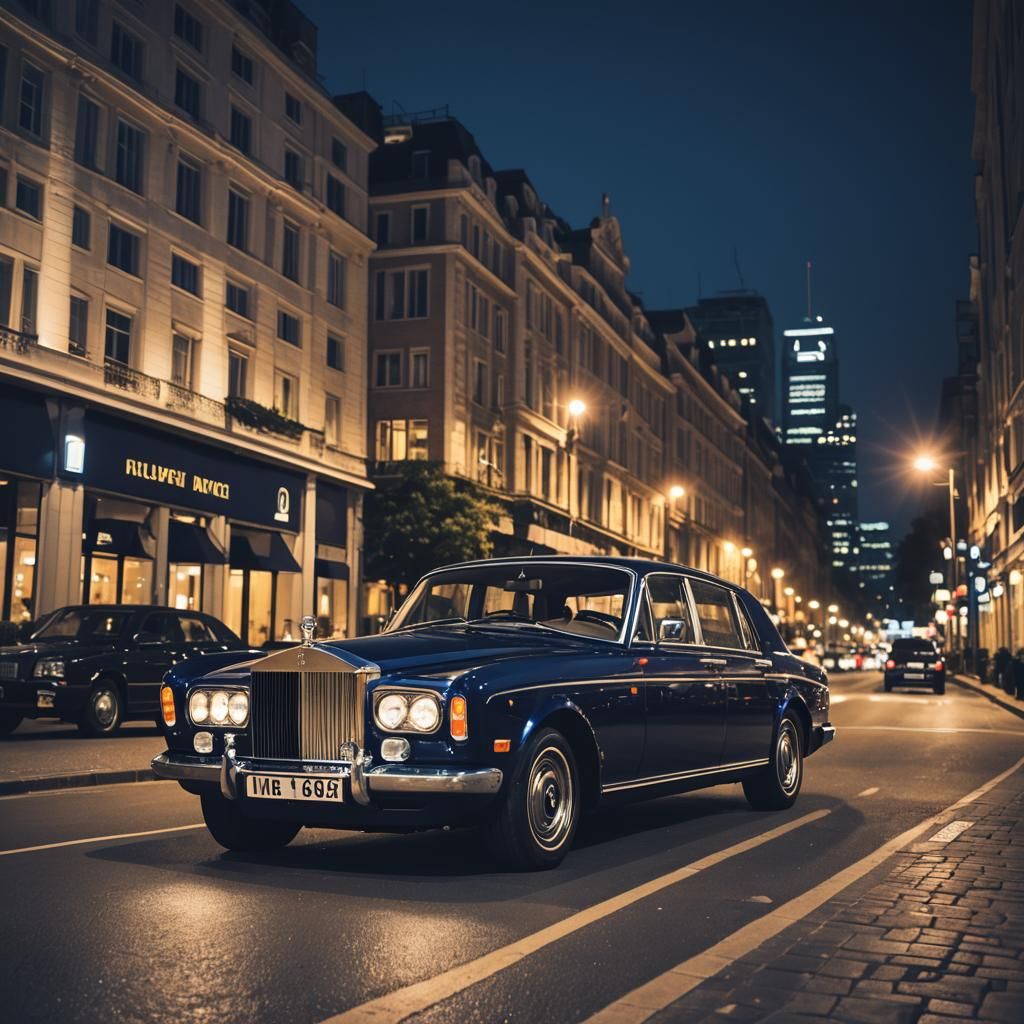 Dark Blue 1970s Rolls Royce at Night