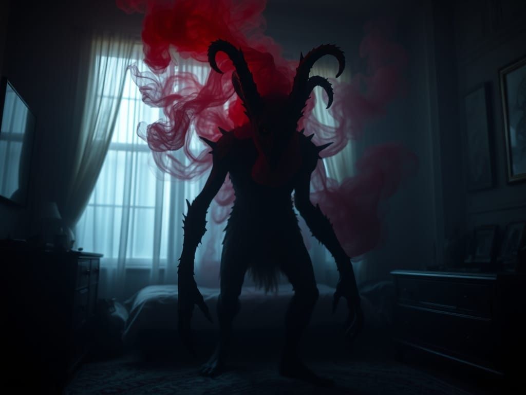 Dark Fantasy Creature Emerges in Haunting Bedroom Scene