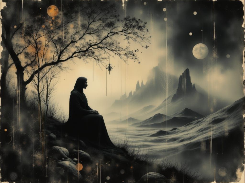 Figure Waits in Otherworldly Twilight Landscape