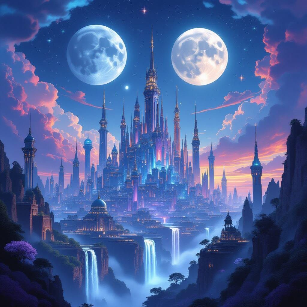 Fantasy Cityscape Under Twin Moons