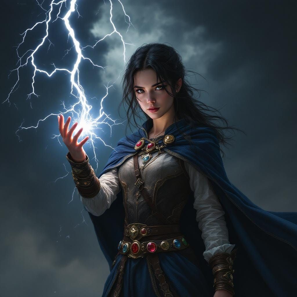 Medieval Woman Controls Lightning in Hyperrealistic Style