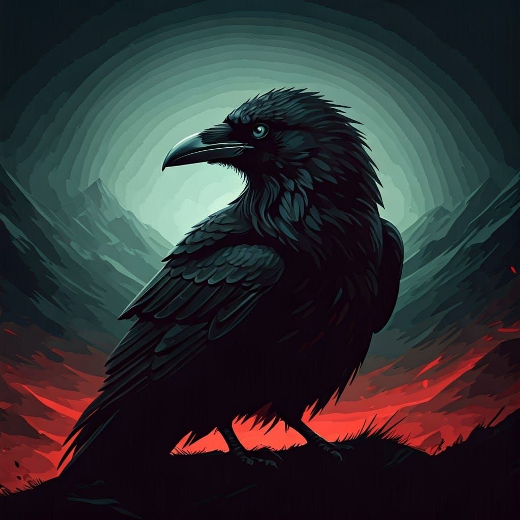 Crow Silhouette on Ancient Battlefield, Ink Splatter Art