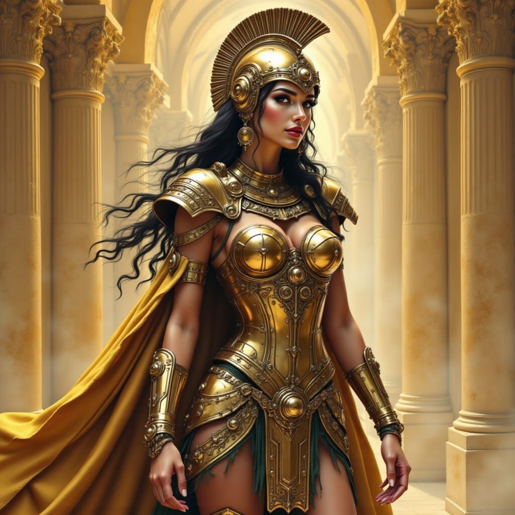 Amazonian Warrior in Bronze Armor, Oil Painting Style