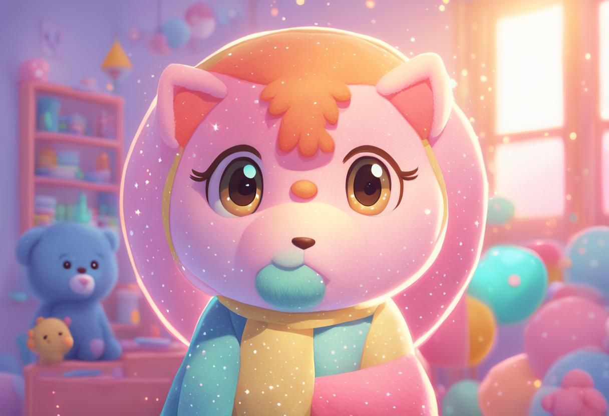 Kawaii Girl with Plush Toy in Pastel Bedroom