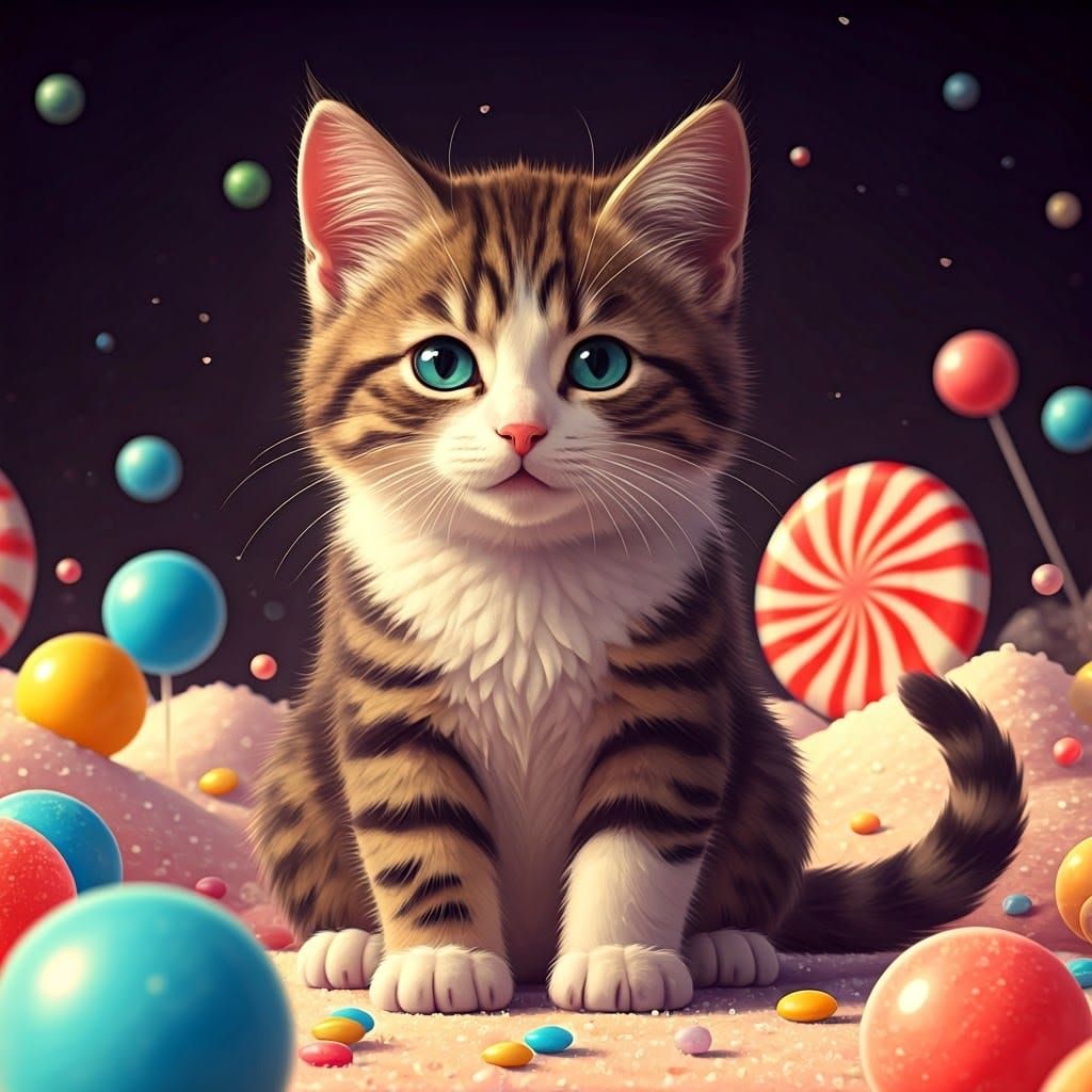 Kitten Surrounded by Candy: 3D Anime Art