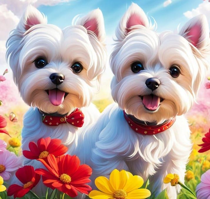 Adorable Puppies and Vibrant Flowers