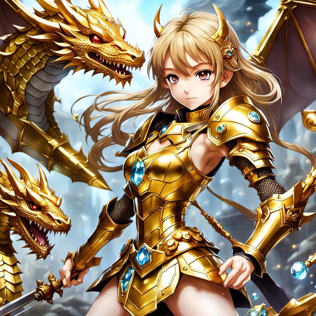 female cute anime figure with a golden armor and crystal swo...