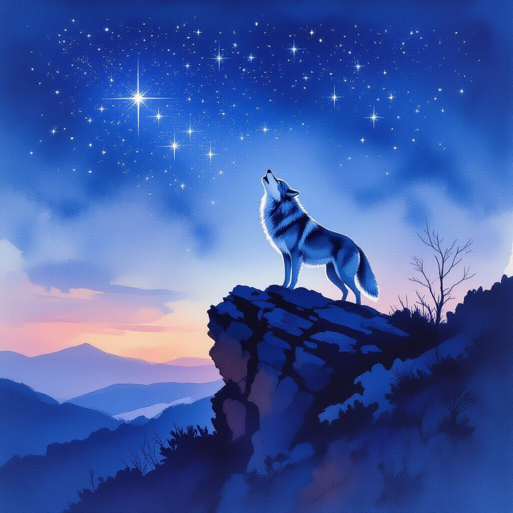 Silver Wolf Howling at Twilight in Watercolor Style