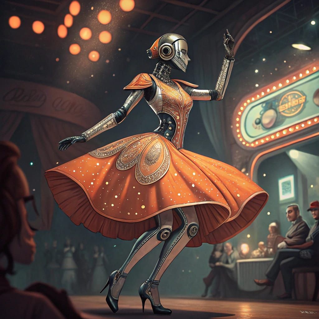 Retro-Futuristic Robot Cabaret Dancer in Orange Dress
