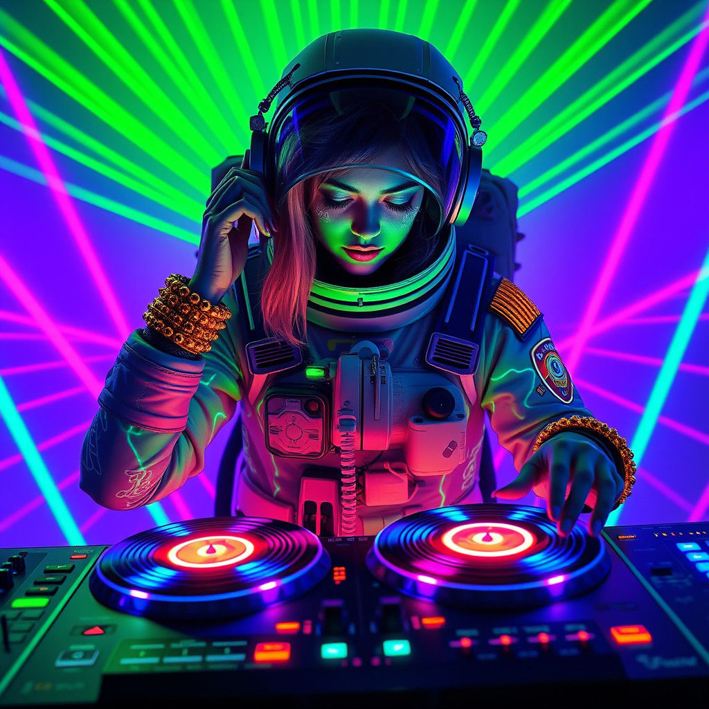 Neon Punk DJ in Astronaut Suit with Glowing Turntables