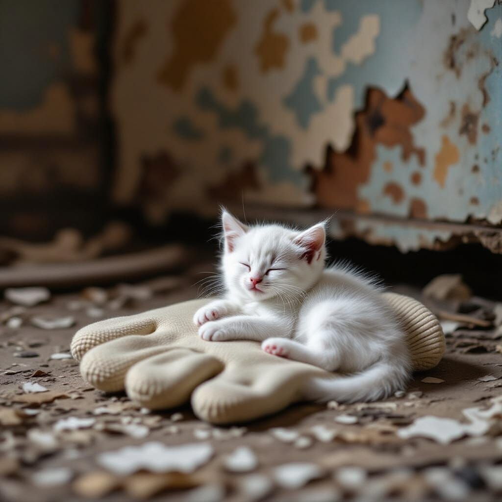 White Kitten Dreams in Abandoned Room on Mitten