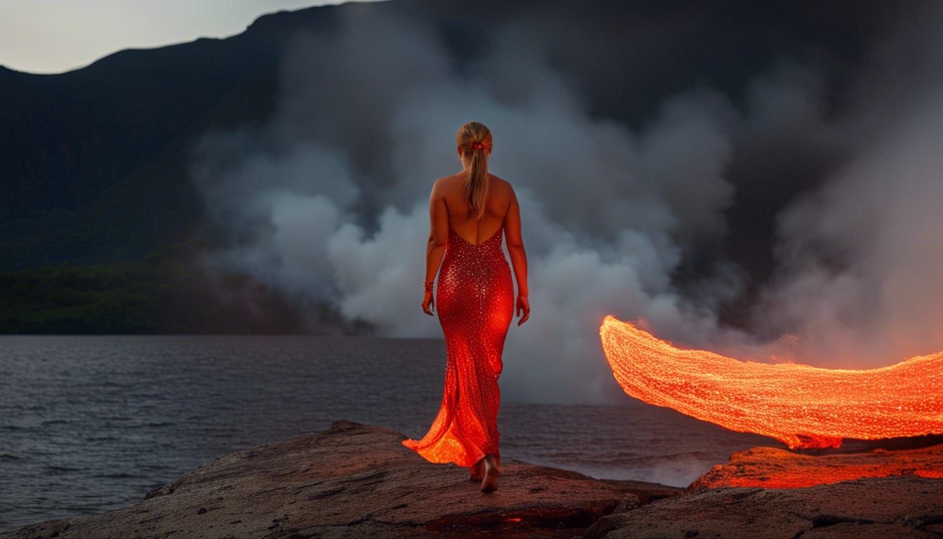 Fire Fairy in Molten Lava Dress Over Fiery Lake