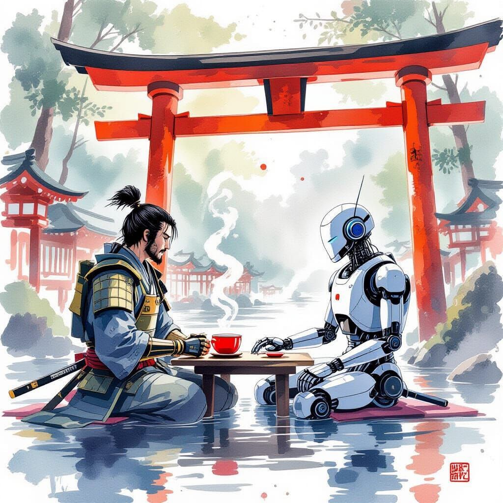 Samurai and Robot Share Tea in Shrine, Watercolor Style