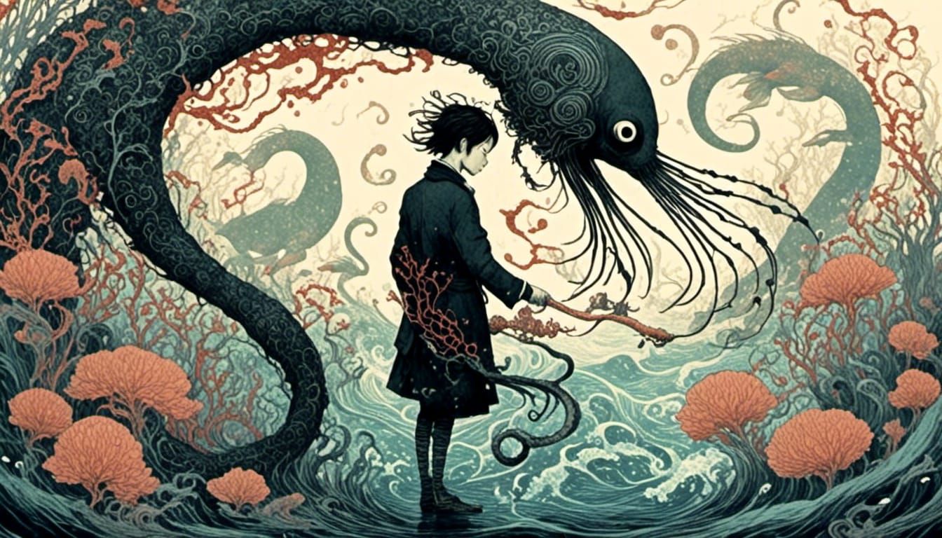 Junji Ito Style Horror with Heron and Oarfish