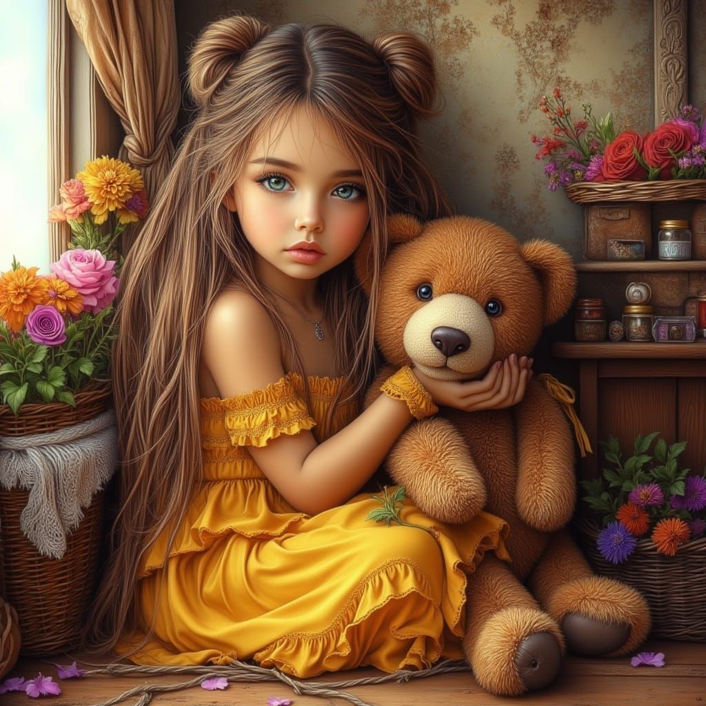 Little Girl Hugs Teddy Bear in Country Bedroom