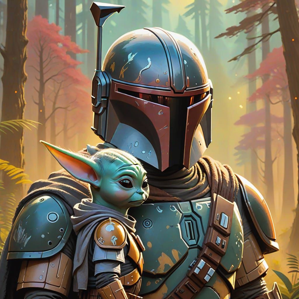Mandalorian and Grogu on Forest Planet in Gouache