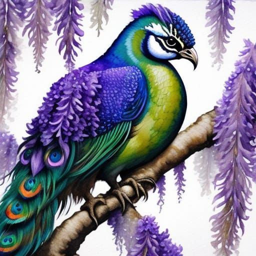 Vibrant Peacock on Wisteria Branch in Mixed Media
