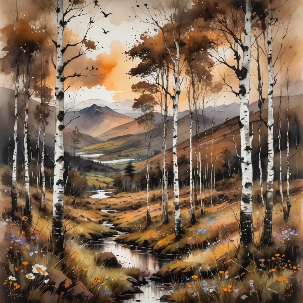 Scottish Mountain Sunset in Impressionistic Watercolour